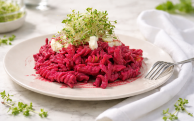 Pasta cremosa de betabel con germinado de alfalfa