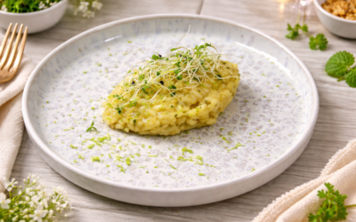 Risotto rápido de limón con germinado de alfalfa con cebolla